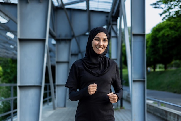Uma mulher ativa de hijab correndo em uma ponte da cidade retratando saúde, aptidão e um estilo de vida ativo