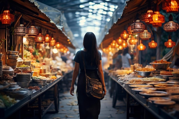 Uma mulher atraente caminhando por um mercado de rua cheio de frutas e produtos deliciosos