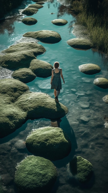 Uma mulher atravessa um rio com pedras em primeiro plano e um céu azul atrás dela.