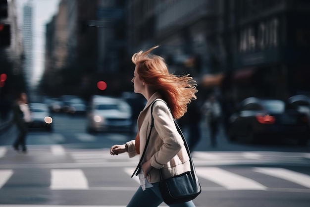 Uma mulher atravessando a rua com uma sacola que diz 'eu não sou uma garota'