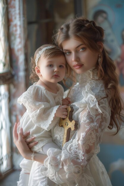 Foto uma mulher batiza um bebê na igreja