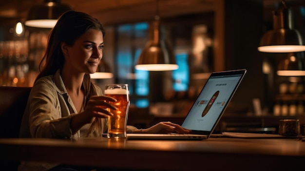 uma mulher bebe cerveja de um copo de cerveja enquanto usa um laptop.