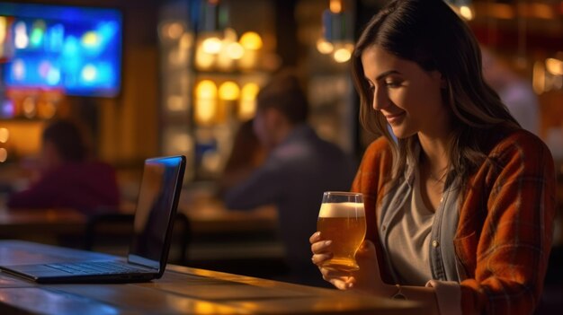 uma mulher bebe um copo de cerveja em um bar.