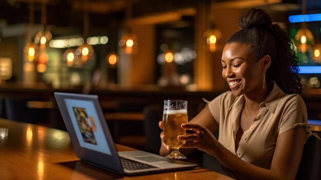 uma mulher bebe um copo de cerveja enquanto usa um laptop.