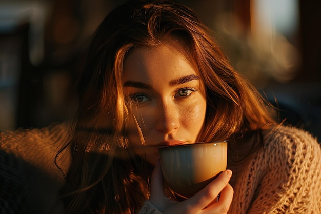 Uma mulher bebendo uma chávena de café enquanto está sentada