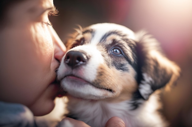 Uma mulher beijando um cachorrinho de nariz azul.