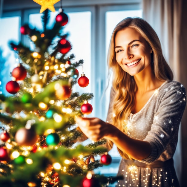 Foto uma mulher bonita a sorrir em casa a decorar a árvore de natal uma mulher a usar um vestido brilhante