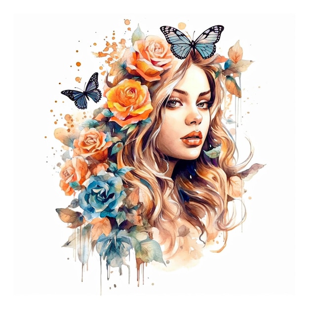 uma mulher bonita aquarela com borboletas e flores sobre fundo branco