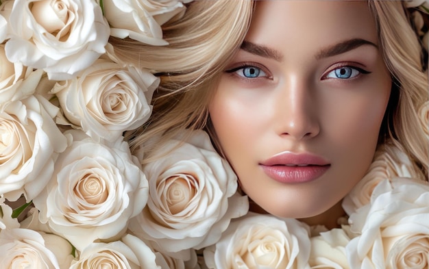 uma mulher bonita com rosas brancas foto de postagem de publicidade profissional ai gerada