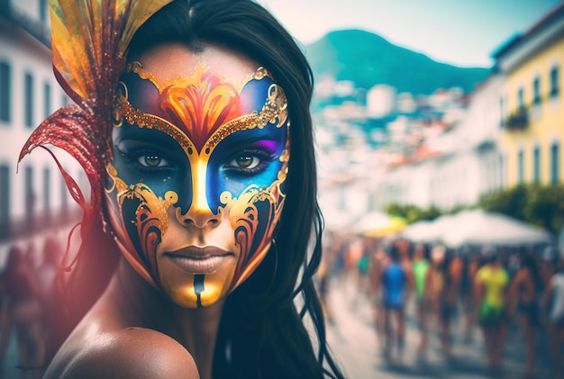 Uma mulher bonita de pele escura usando uma máscara facial de carnaval em uma cidade desfocada generativa ai