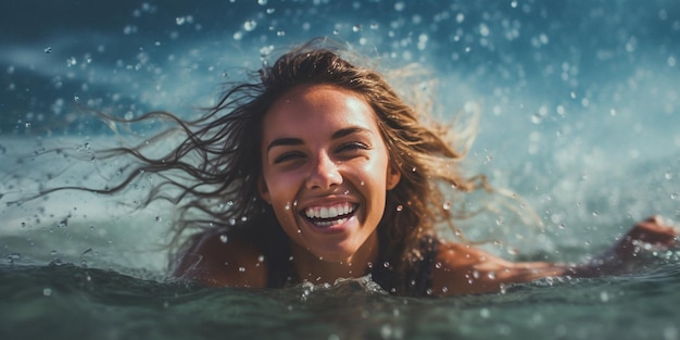 Foto uma mulher bonita e sensual nada no mar exalando sensualidade seu sorriso sincero irradia alegria cativando todos generative ai