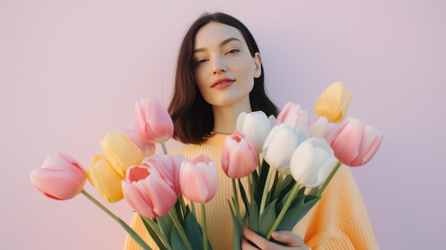 Uma mulher bonita e sorridente está segurando um buquê de flores de tulipas Dia Internacional da Mulher Dia das Mães Celebração festa feriados e conceito de diversão Silly feliz aniversário menina