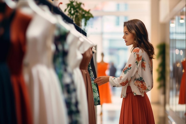 Uma mulher bonita está fazendo compras em uma seleção de roupas olhando para um vestido de moda em um shopping m