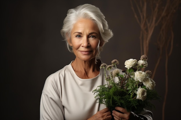 uma mulher bonita idosa com cabelos brancos em uma jaqueta larga branca segura flores brancas