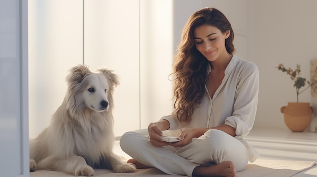 Uma mulher bonita senta-se no chão em um interior branco ao lado de um cachorro fofinho