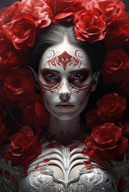 uma mulher bonita uma flor vermelha segurando os mortos no estilo de airbrush digital