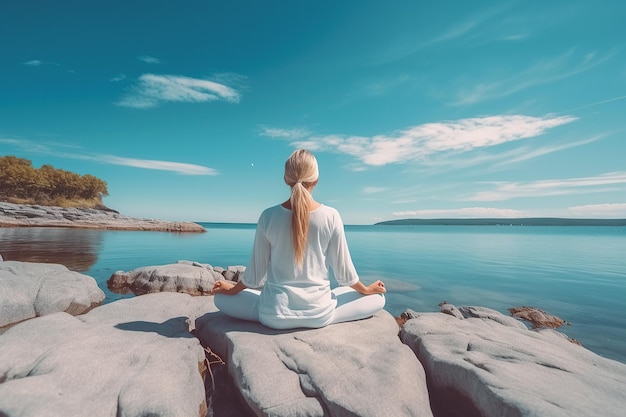 Uma mulher branca está meditando na praia.