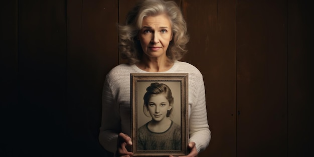 Uma mulher branca sênior segura uma foto antiga de si mesma quando era mais jovem, relembrando memórias queridas e a passagem do tempo IA Generativa IA
