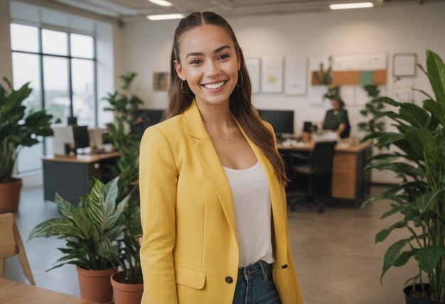 Uma mulher brilha com um sorriso brilhante em um ambiente de escritório de casaco amarelo com plantas e colegas de trabalho