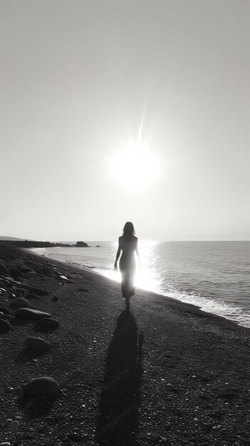 uma mulher caminha ao longo de uma praia com o sol brilhando em suas costas