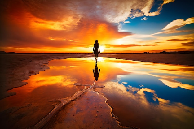 Uma mulher caminha em uma praia com o sol se pondo atrás dela.