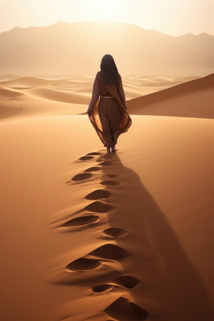 Uma mulher caminha na areia do deserto ao pôr do sol Generative ai