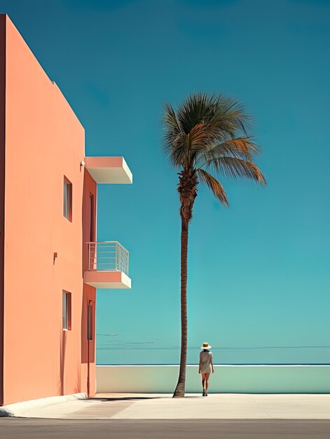 Foto uma mulher caminha na praia em frente a um edifício com uma palmeira