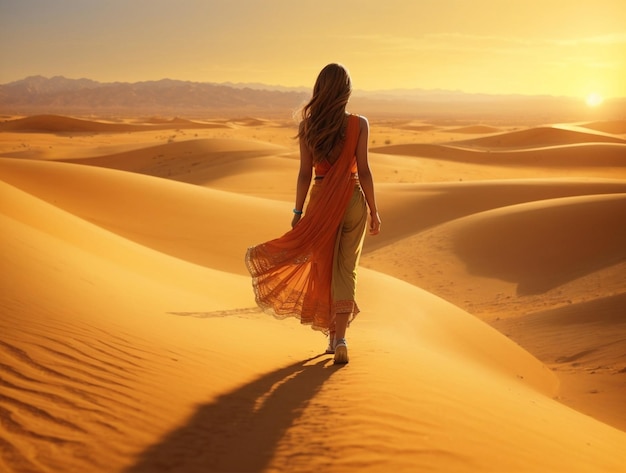 uma mulher caminha no deserto com um vestido longo laranja vista do pôr do sol viajar para o conceito de Dubai