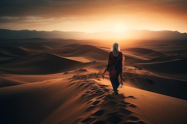 Uma mulher caminha pelo deserto ao pôr do sol.