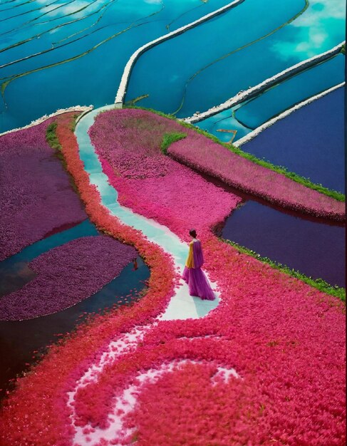 Foto uma mulher caminha por um campo de flores com a palavra tulipa na parte de baixo