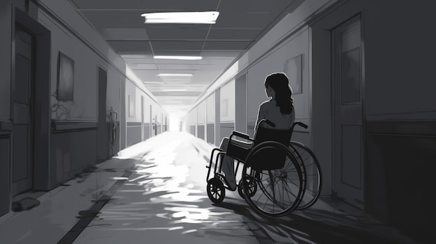 Uma mulher caminha por um corredor de hospital