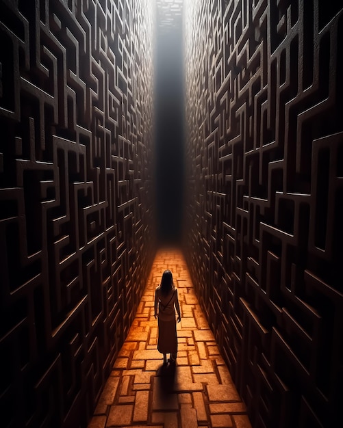 Foto uma mulher caminha por um corredor escuro com um grande labirinto ao fundo