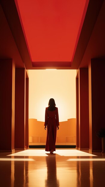 uma mulher caminha por um corredor escuro com um telhado vermelho
