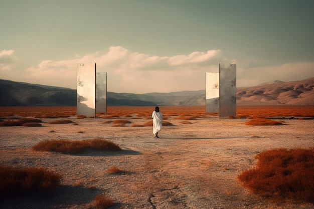 Uma mulher caminha por um deserto com as portas abertas e o céu nublado.