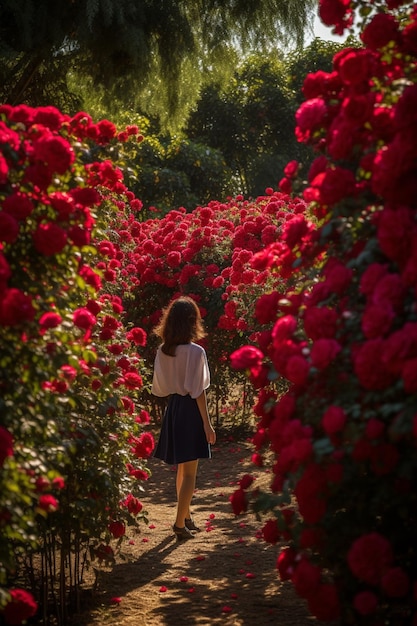 Uma mulher caminha por um jardim com flores vermelhas.