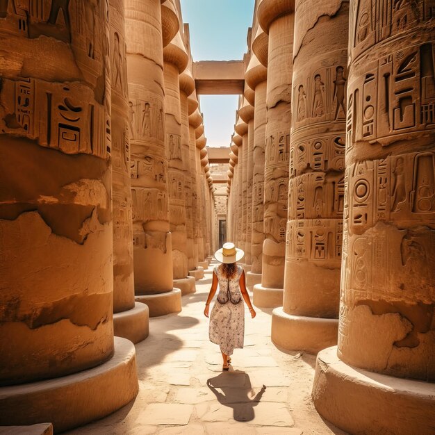 Uma mulher caminha por um templo com a palavra templo à esquerda