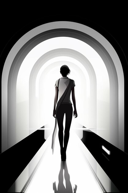 Uma mulher caminha por um túnel com uma luz branca atrás dela.