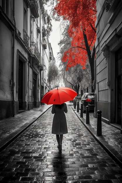 Uma mulher caminha por uma rua de paralelepípedos com um guarda-chuva vermelho.