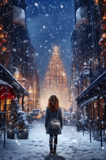 Uma mulher caminha por uma rua vazia de uma metrópole no dia de Ano Novo