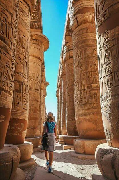 Foto uma mulher caminhando através de uma fileira de grandes pilares de pedra