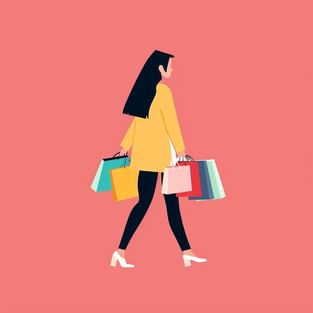 Foto uma mulher caminhando com sacos de compras em um fundo rosa