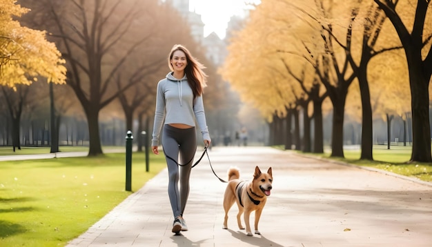 uma mulher caminhando com seu cachorro em um parque em um dia frio dia nacional de animais de estimação