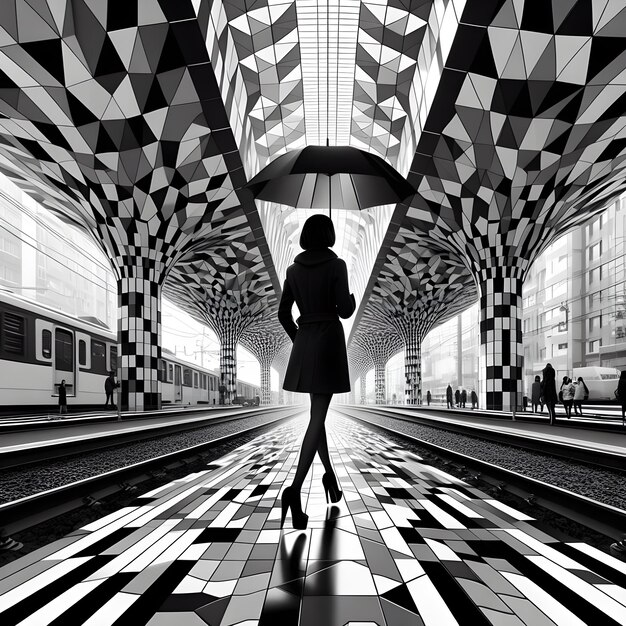 uma mulher caminhando com um guarda-chuva em preto e branco no estilo de estruturas geométricas