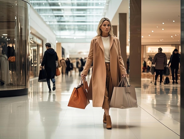 Foto uma mulher caminhando em um shopping vestindo um casaco e carregando sacos de compras no estilo de âmbar claro e