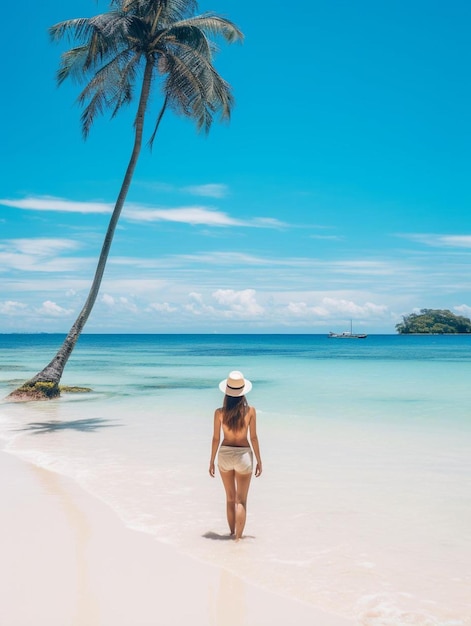 uma mulher caminhando em uma praia com uma palmeira ao fundo