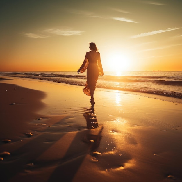 Uma mulher caminhando na praia ao pôr do sol com o sol se pondo atrás dela.