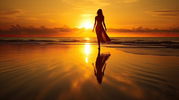 Uma mulher caminhando na praia ao pôr do sol