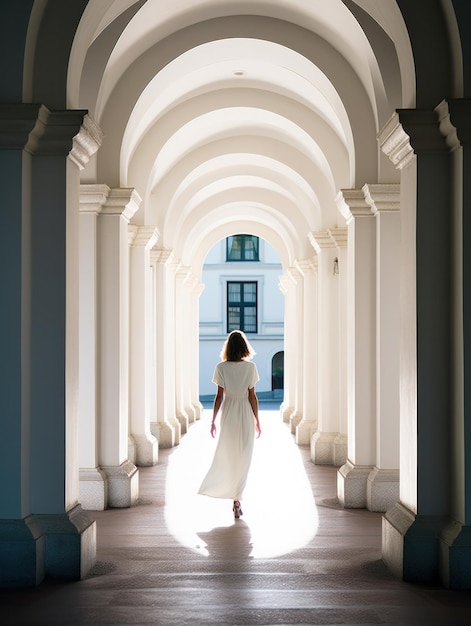 uma mulher caminhando para trás através de um arco branco