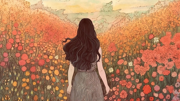 Uma mulher caminhando por um campo de flores