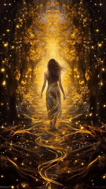 uma mulher caminhando por uma floresta com uma luz brilhando generativa ai